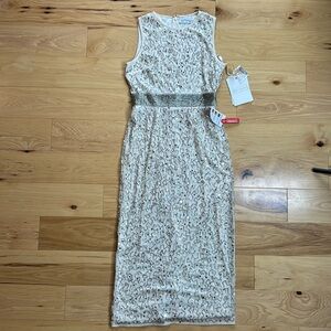 NWT Mac Duggal Nude Silver Geometric Beaded Sequins A-Line Dress | Size 4